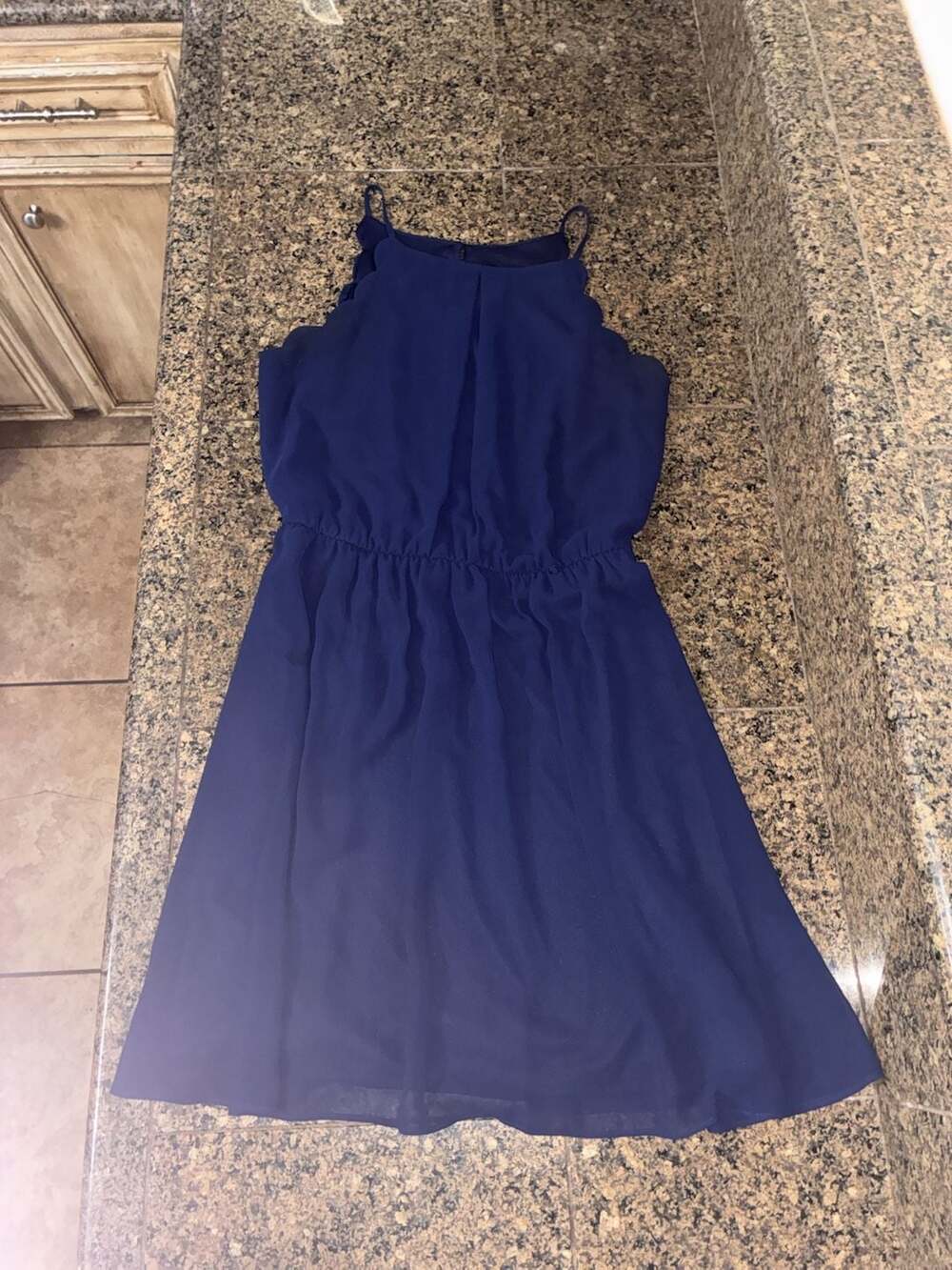 IZ Byer Navy Blue Scalloped Neckline Chiffon Dress Size M